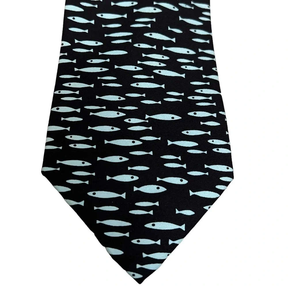J.Crew silk tie w/ light blue fish on navy background